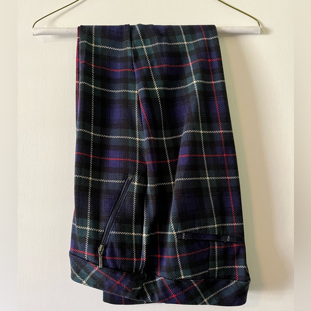J McLaughlin plaid leggings, ankle/crop, front slit pockets, size 10